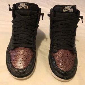 Women's Nike Air Jordan 1 Retro Fearless Metallic Rose Gold Red Black.